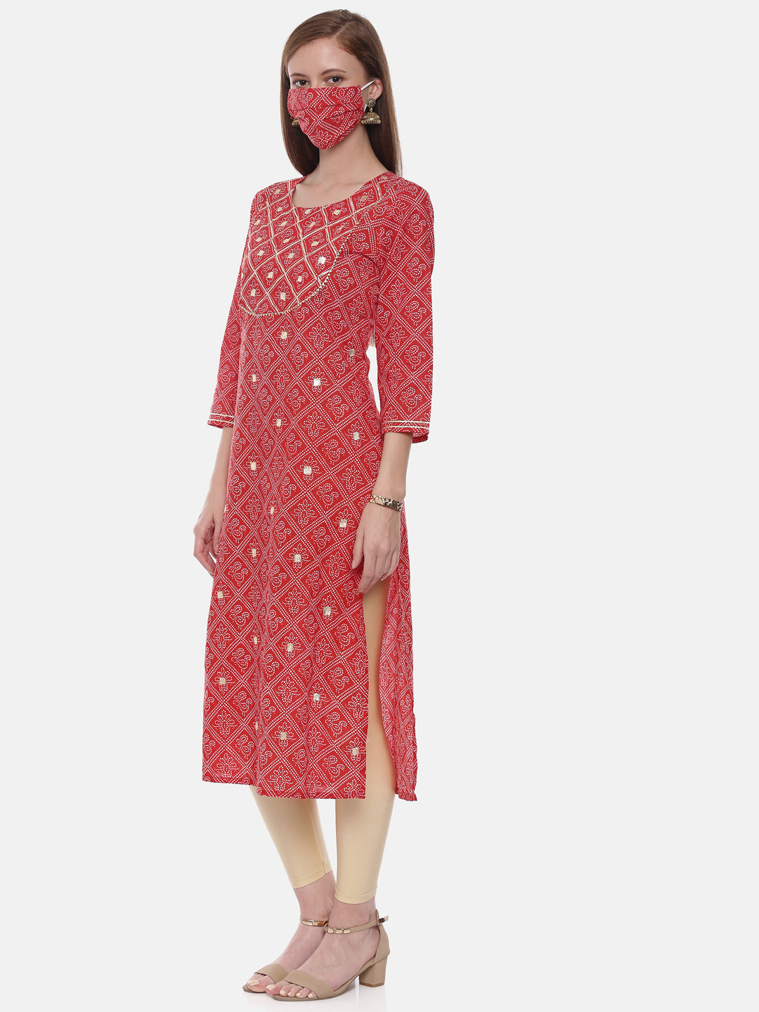 Neeru's Red Printed Straight Kurta With Mask