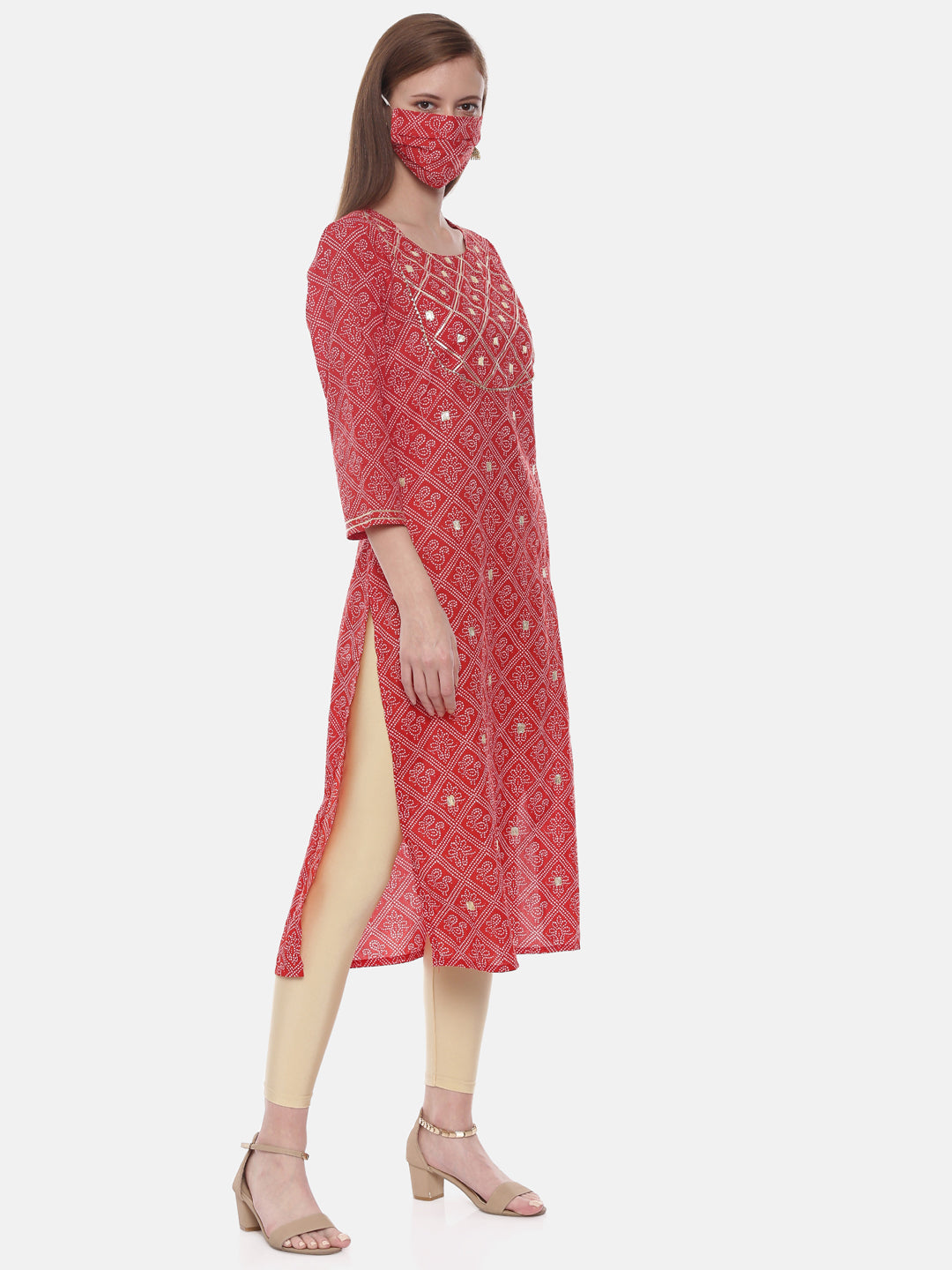 Neeru's Red Printed Straight Kurta With Mask