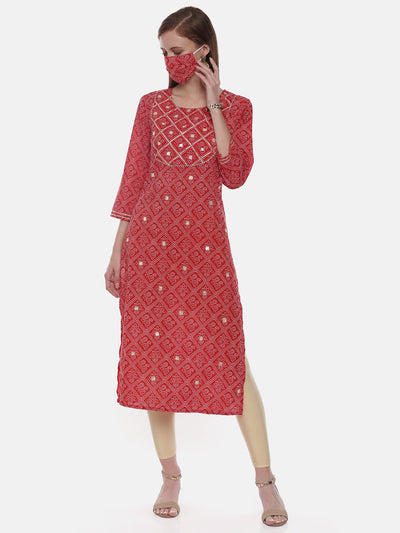 Neeru's Red Printed Straight Kurta With Mask