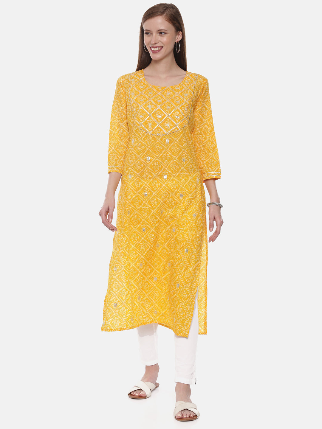 Neeru's Yellow Printed Straight Kurta