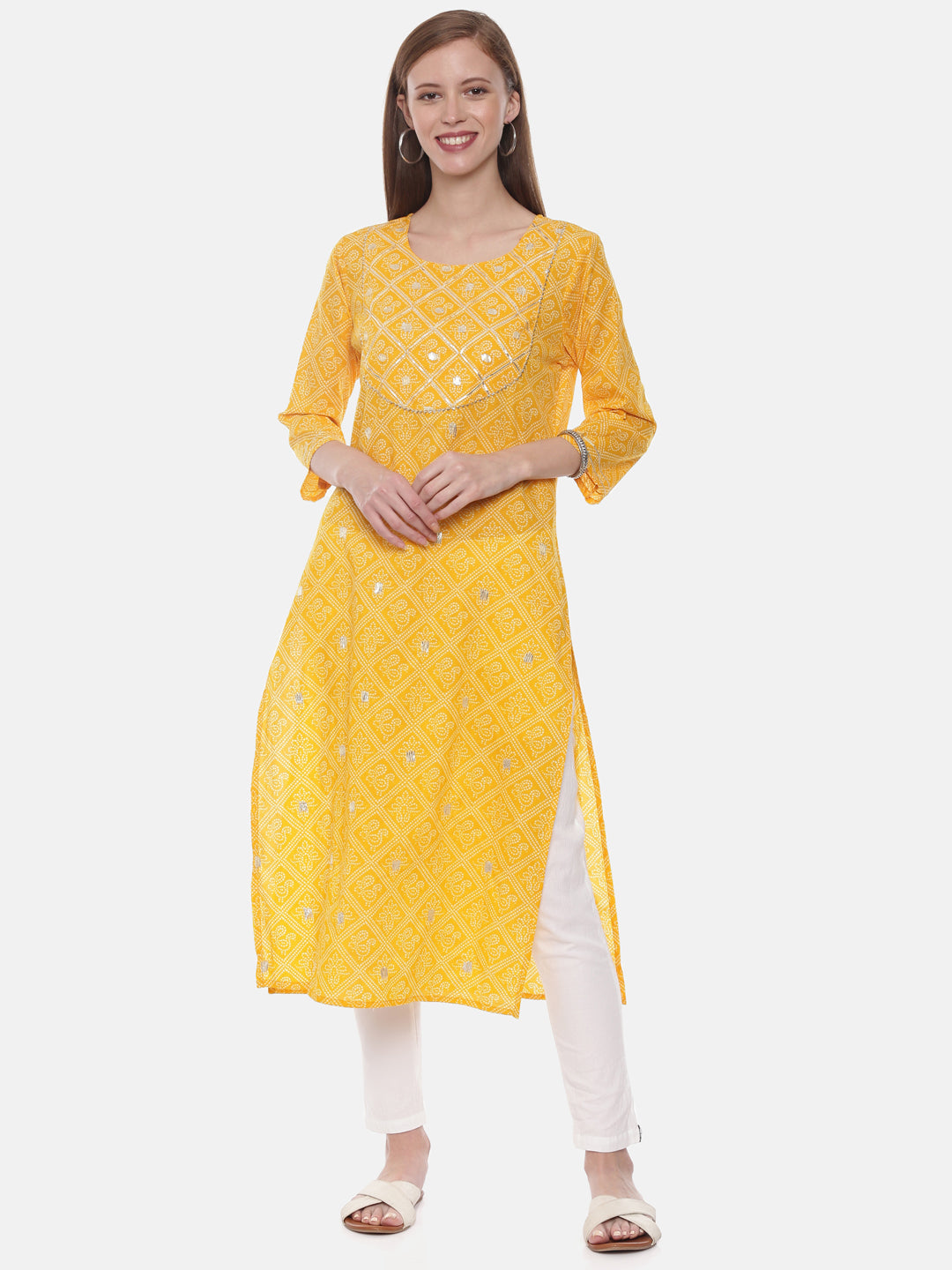 Neeru's Yellow Printed Straight Kurta