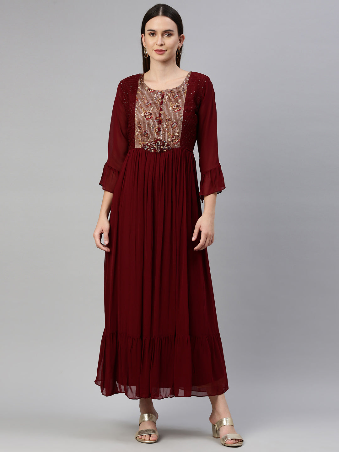 Neeru's Maroon Color Georgette Fabric Dress