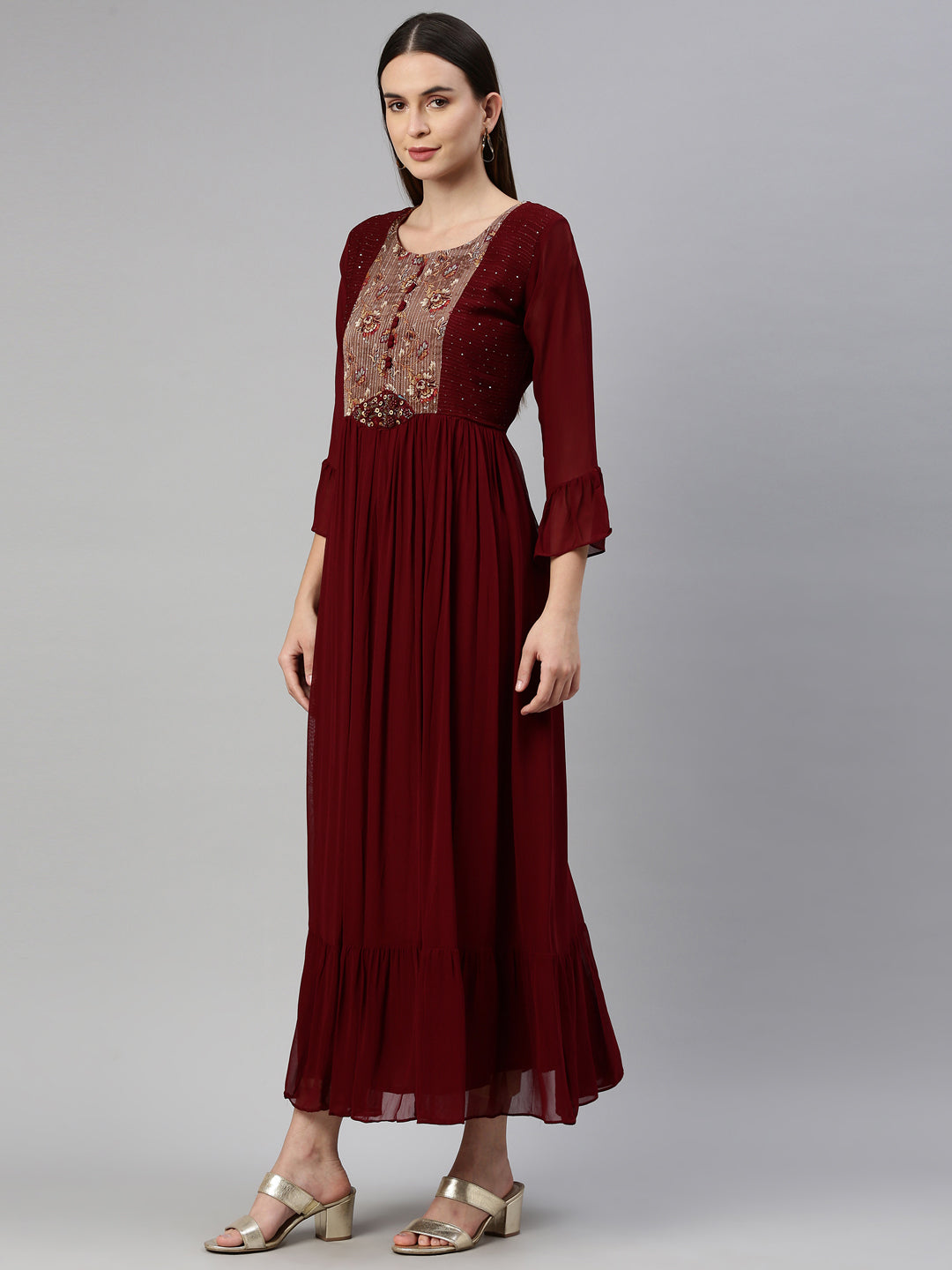 Neeru's Maroon Color Georgette Fabric Dress