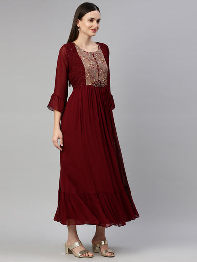 Neeru's Maroon Color Georgette Fabric Dress