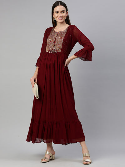 Neeru's Maroon Color Georgette Fabric Dress