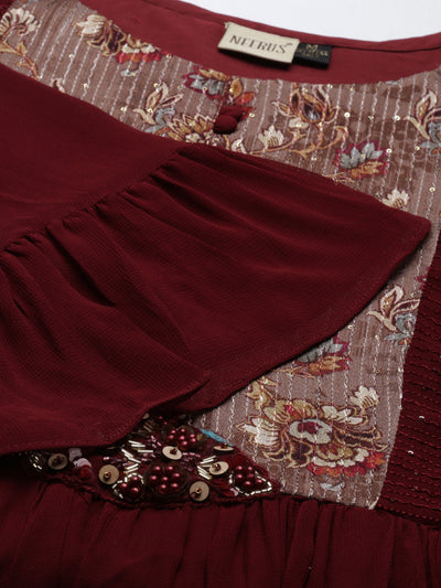 Neeru's Maroon Color Georgette Fabric Dress