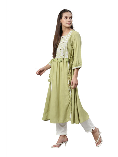 Neeru's Pista Color Slub Rayon Fabric Kurta Set