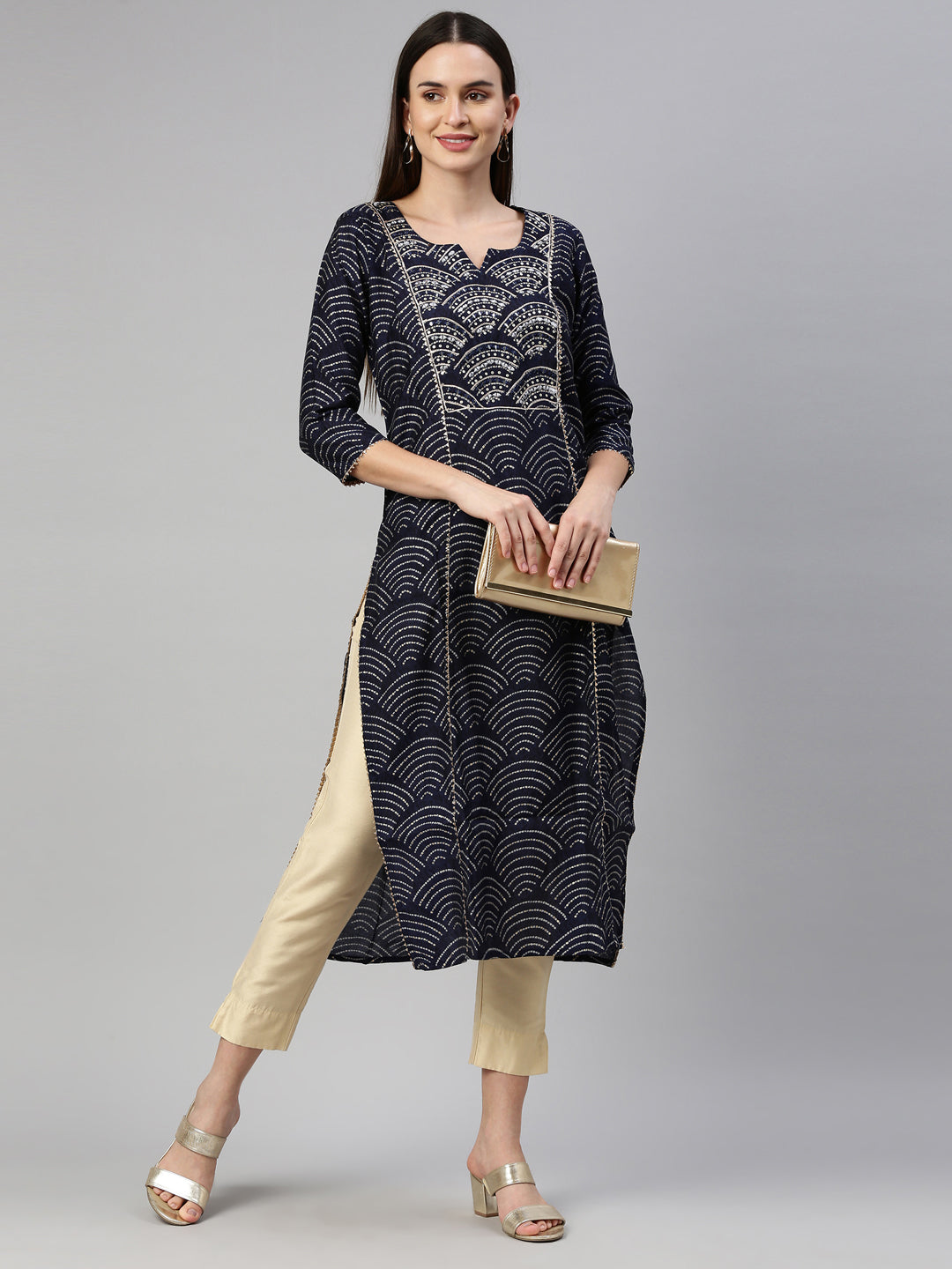 Neeru's Navy Blue Color Santoon Fabric Kurta