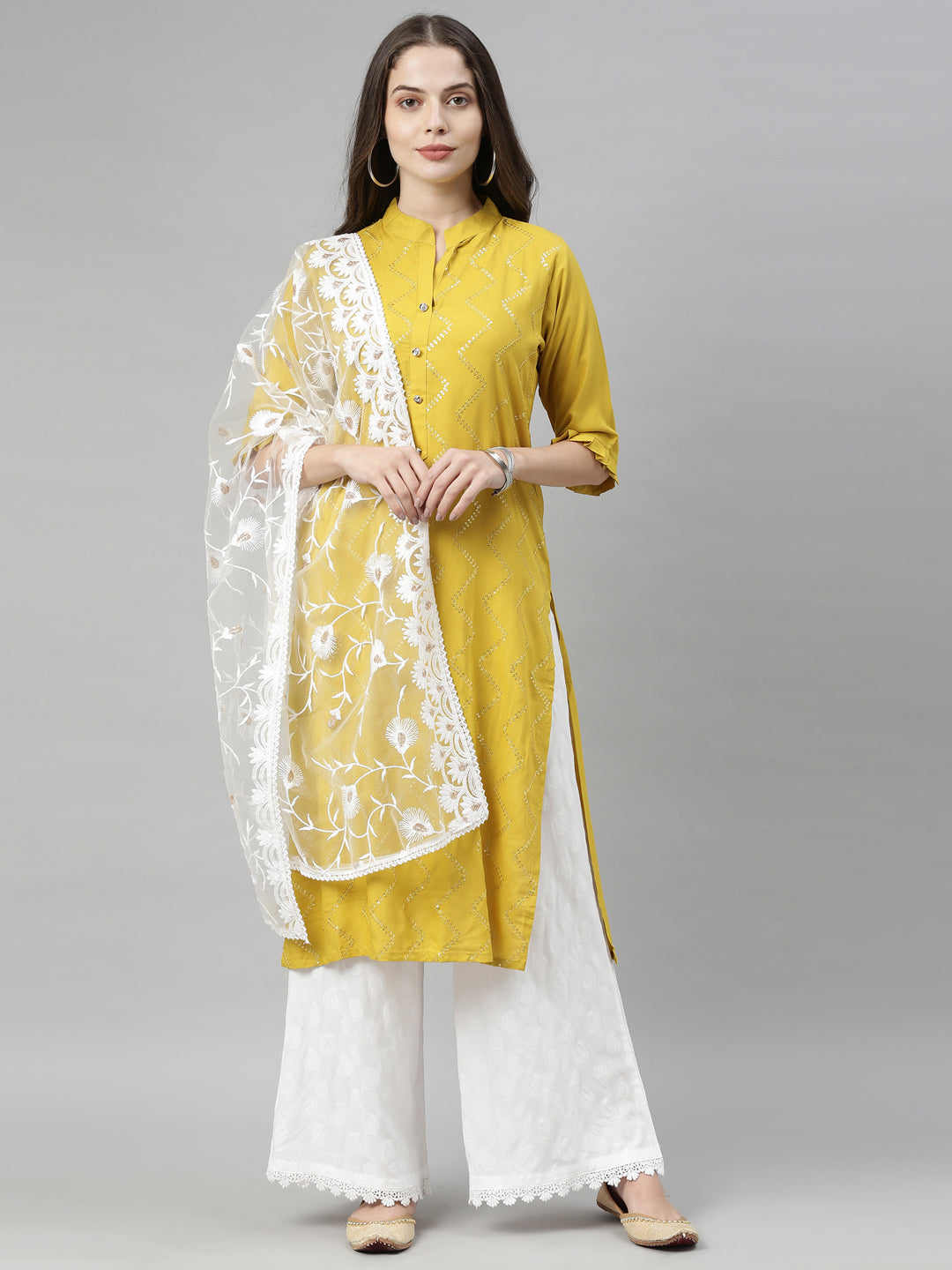 Neeru's Yellow Embellished Straight Kurta