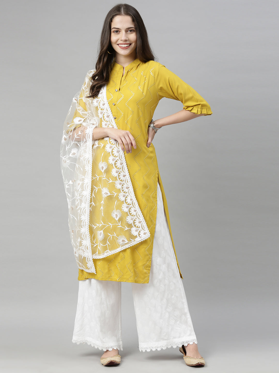 Neeru's Yellow Embellished Straight Kurta