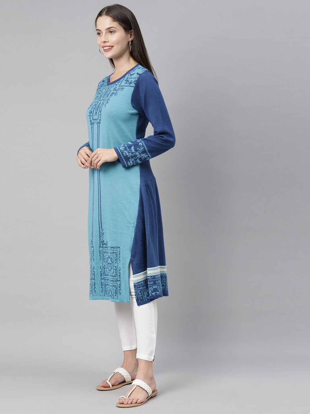 Neeru's Peacock Color Undefined Fabric Kurtha Winter Wear