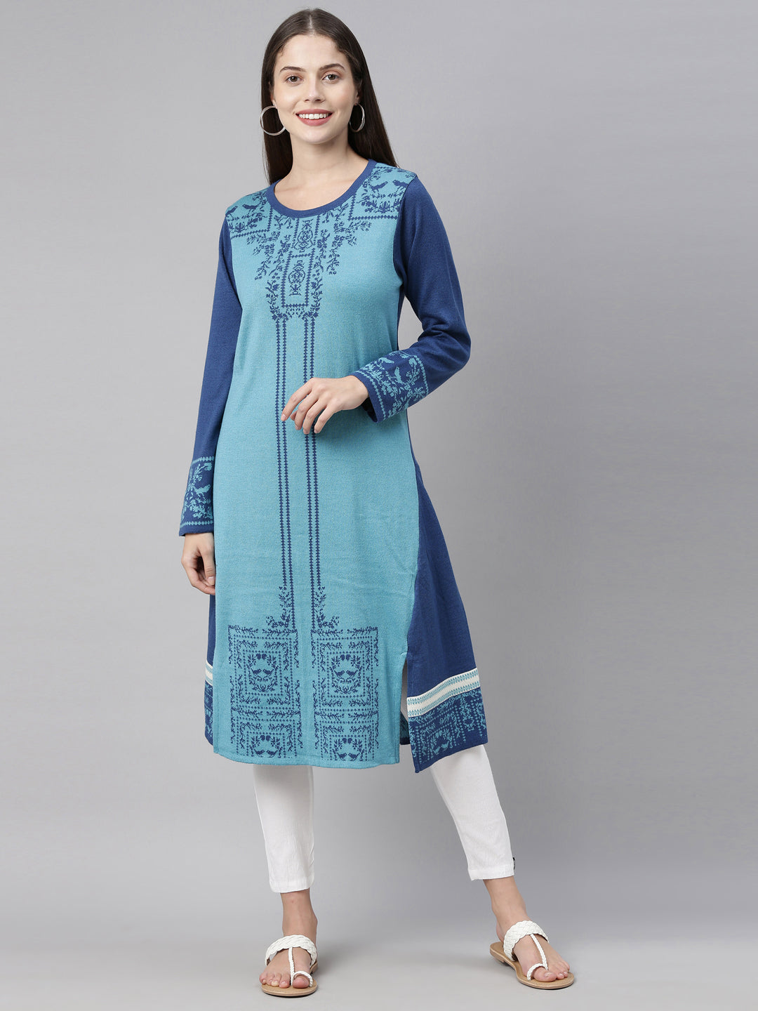 Neeru's Peacock Color Undefined Fabric Kurtha Winter Wear