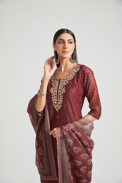 Neeru's Brown Color Chanderi Fabric Salwar Kameez