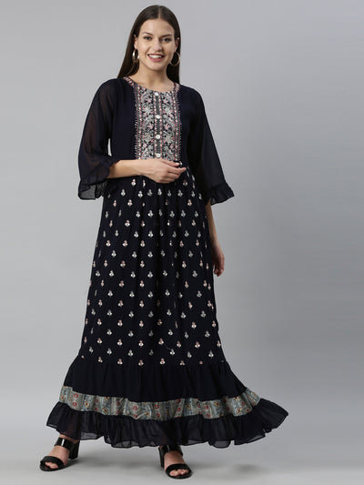 Neeru's Navy Blue Color Georgette Fabric Kurta