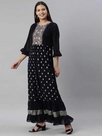 Neeru's Navy Blue Color Georgette Fabric Kurta