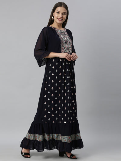 Neeru's Navy Blue Color Georgette Fabric Kurta