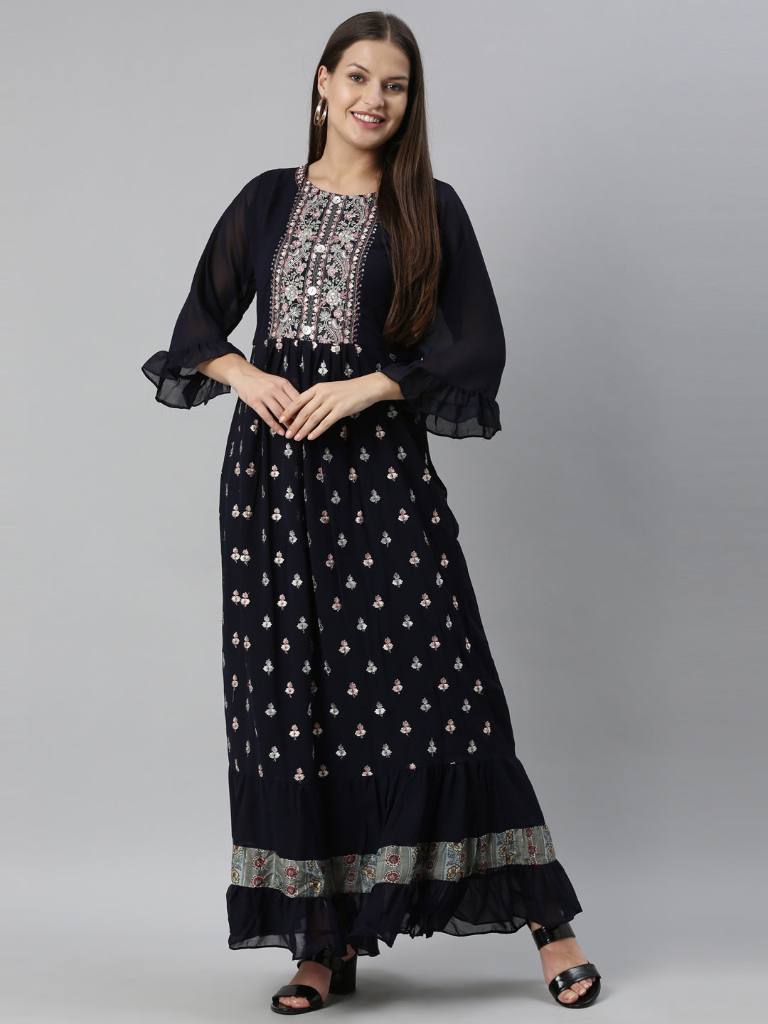 Neeru's Navy Blue Color Georgette Fabric Kurta