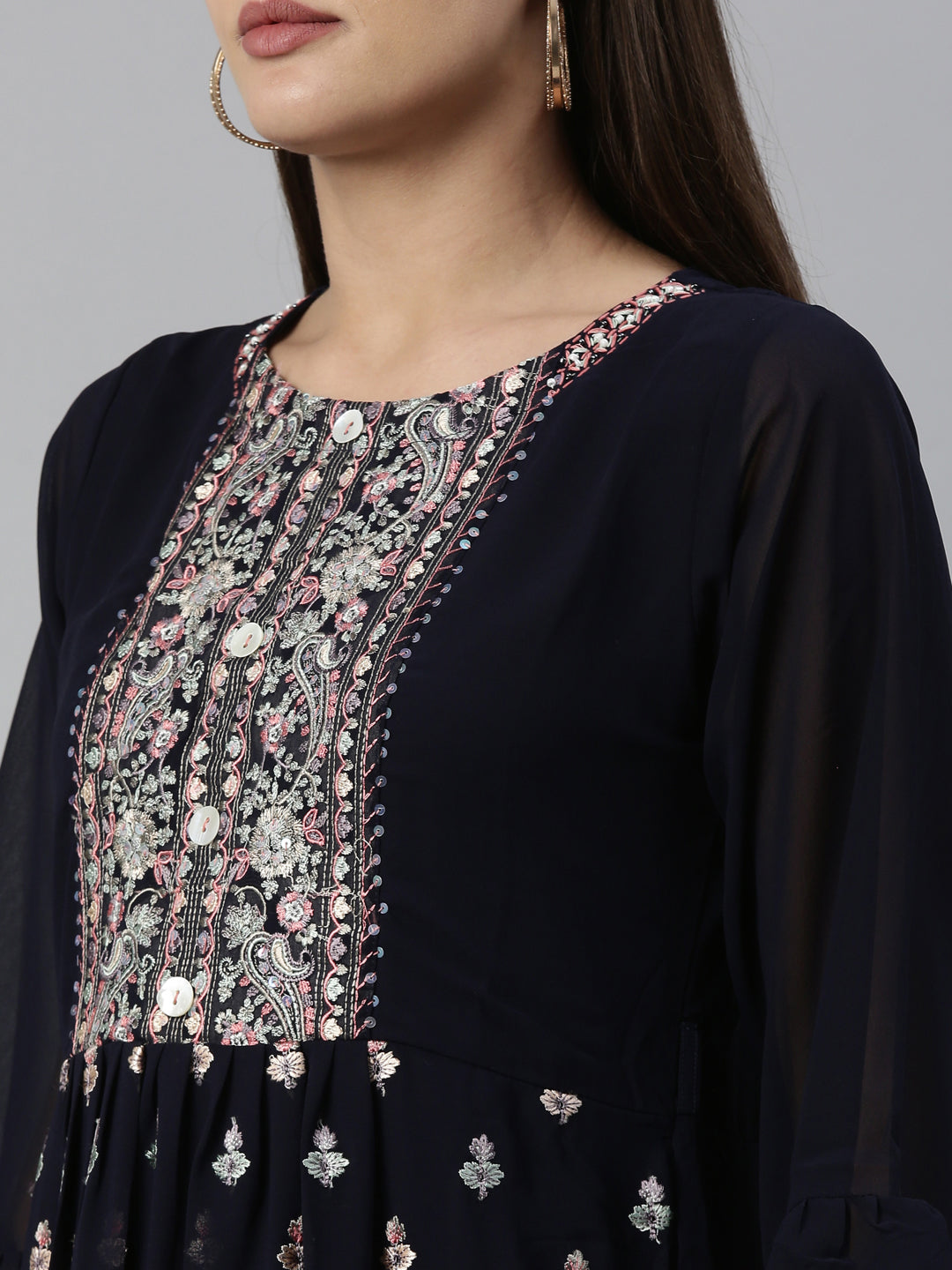 Neeru's Navy Blue Color Georgette Fabric Kurta