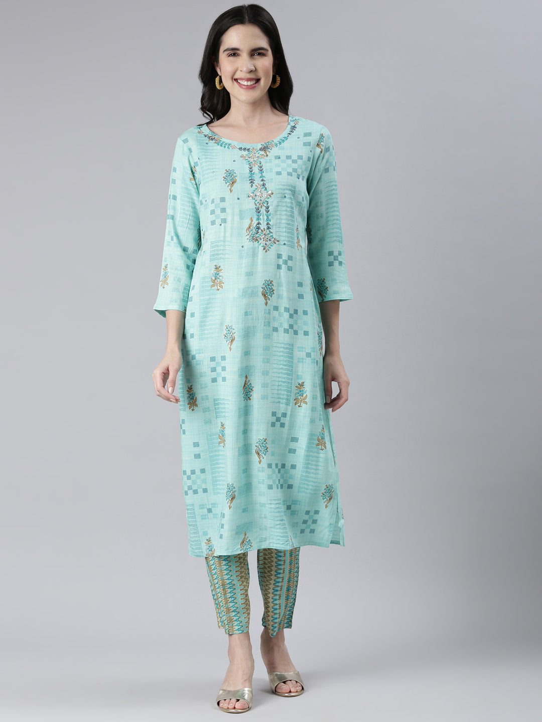 Neeru's Women Sea Green Embroidered Calf Length Kurta And Trousers