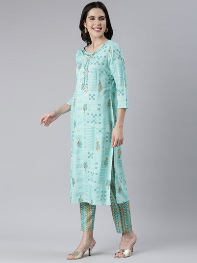 Neeru's Women Sea Green Embroidered Calf Length Kurta And Trousers