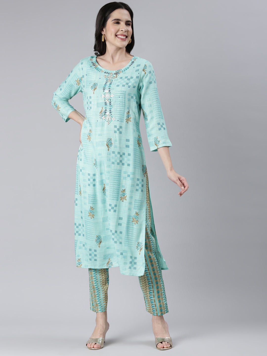 Neeru's Women Sea Green Embroidered Calf Length Kurta And Trousers