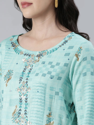 Neeru's Women Sea Green Embroidered Calf Length Kurta And Trousers