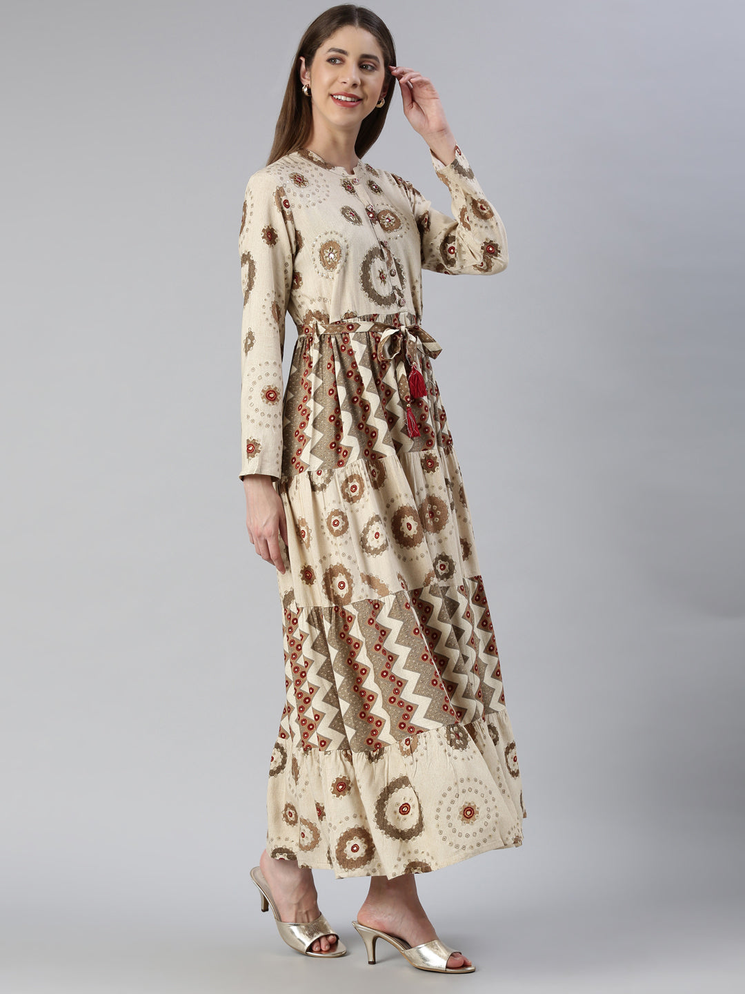 Neeru's Cream Maxi Casual Printed Dresses