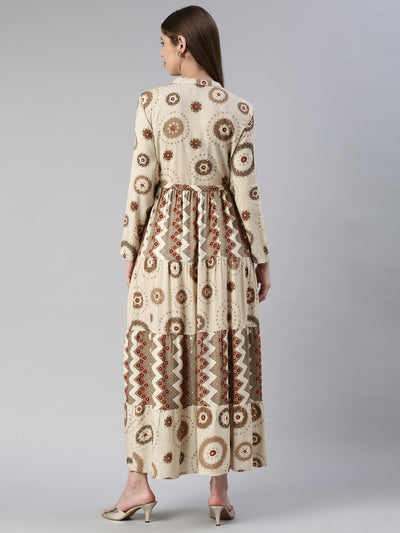 Neeru's Cream Maxi Casual Printed Dresses