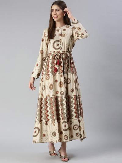 Neeru's Cream Maxi Casual Printed Dresses