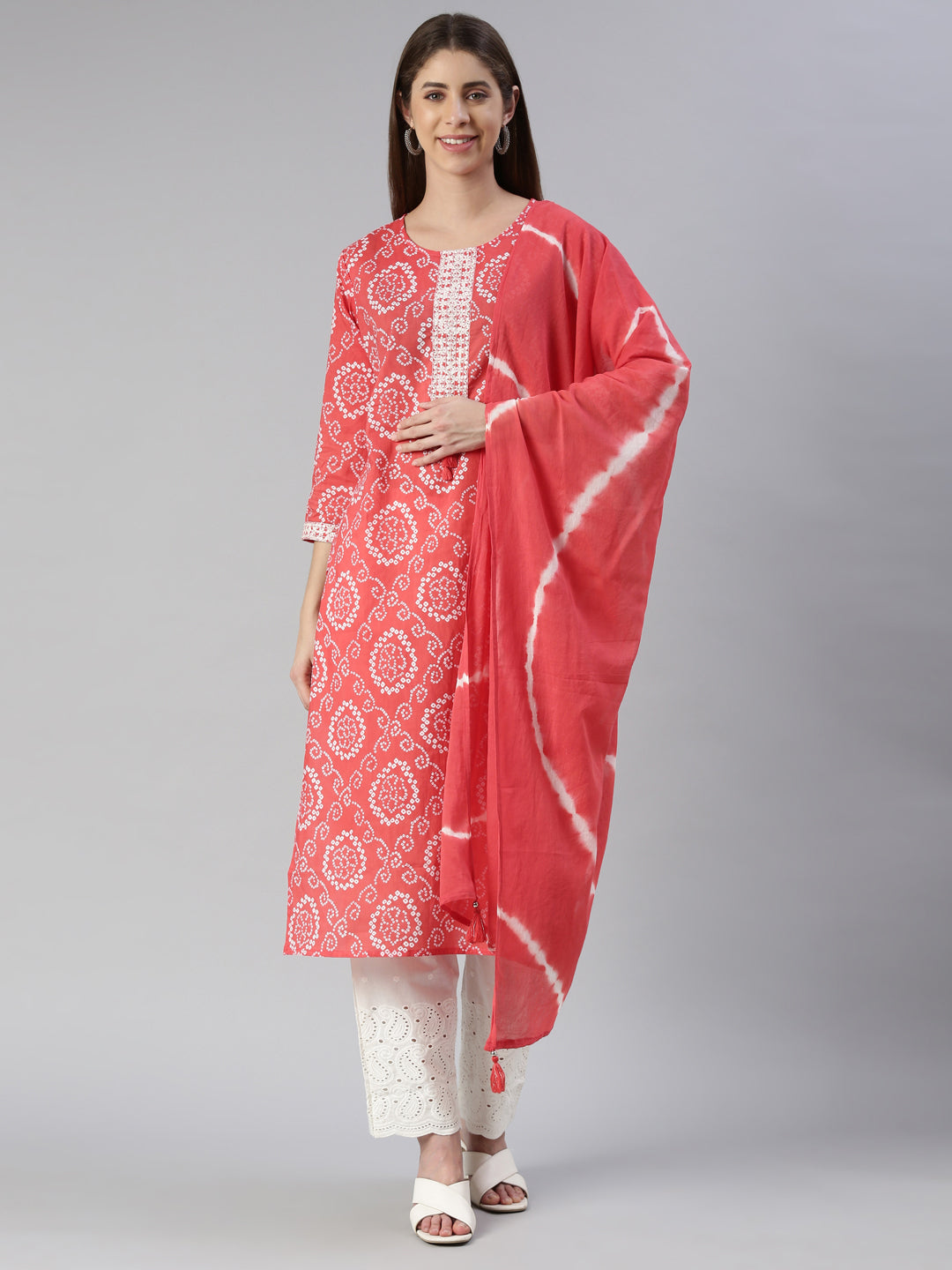 Neeru's Women Red Printed Calf Length Kurta And Palazzos With Dupatta