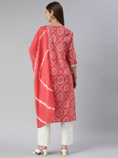 Neeru's Women Red Printed Calf Length Kurta And Palazzos With Dupatta