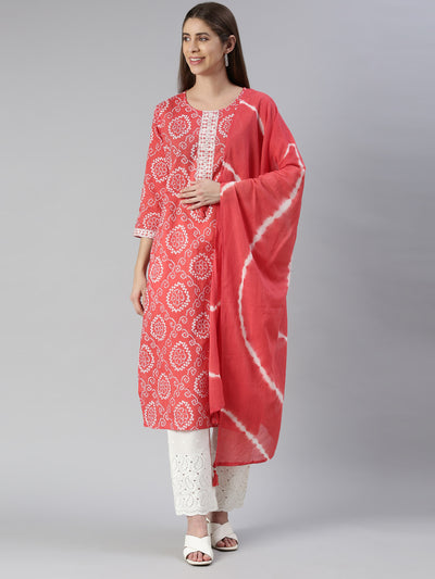 Neeru's Women Red Printed Calf Length Kurta And Palazzos With Dupatta