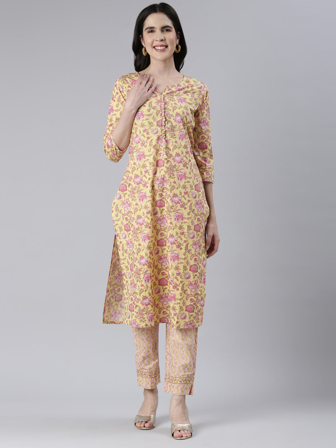 Neeru's Women Yellow Printed Calf Length Kurta And Trousers