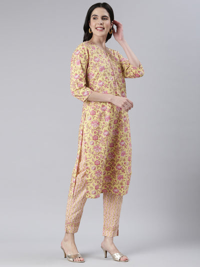 Neeru's Women Yellow Printed Calf Length Kurta And Trousers