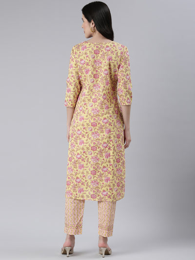 Neeru's Women Yellow Printed Calf Length Kurta And Trousers