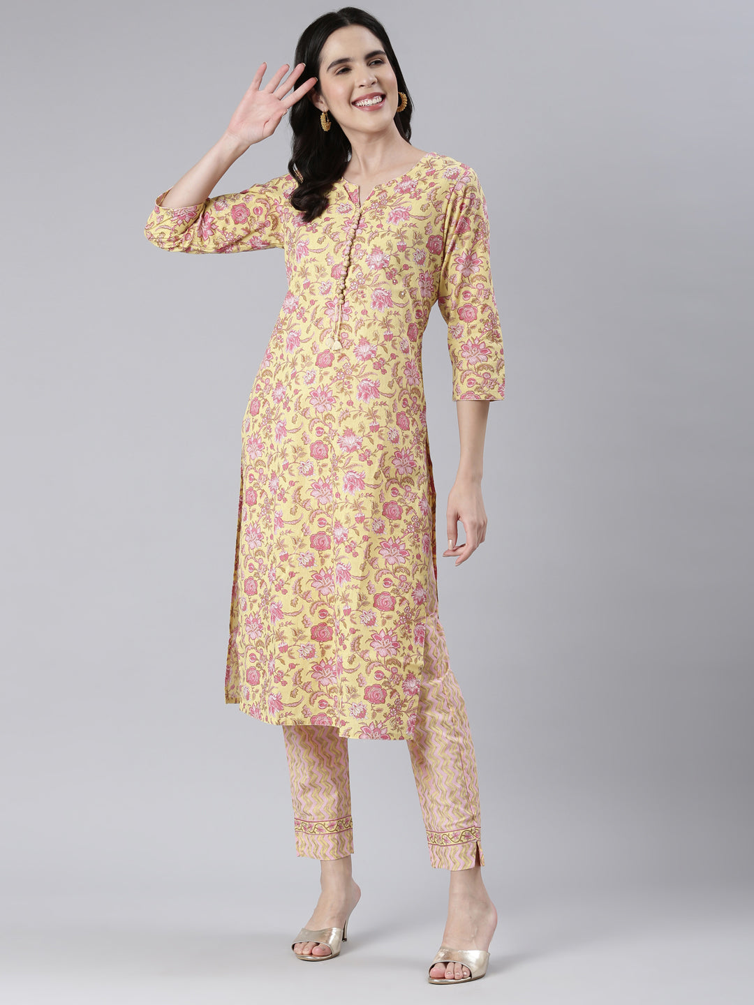 Neeru's Women Yellow Printed Calf Length Kurta And Trousers