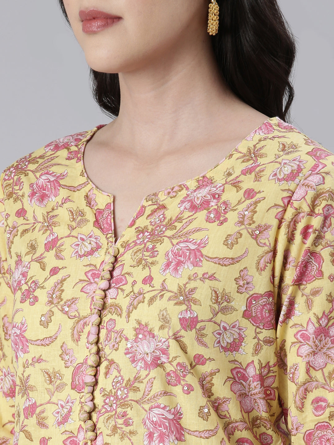 Neeru's Women Yellow Printed Calf Length Kurta And Trousers