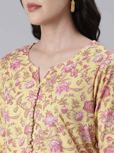 Neeru's Women Yellow Printed Calf Length Kurta And Trousers