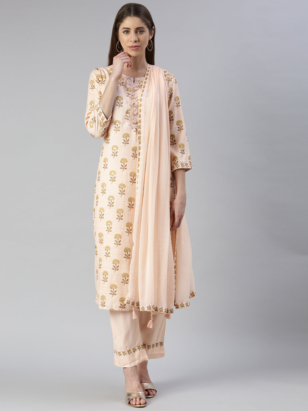 Neeru's Women Peach Printed Calf Length Kurta And Trousers With Dupatta