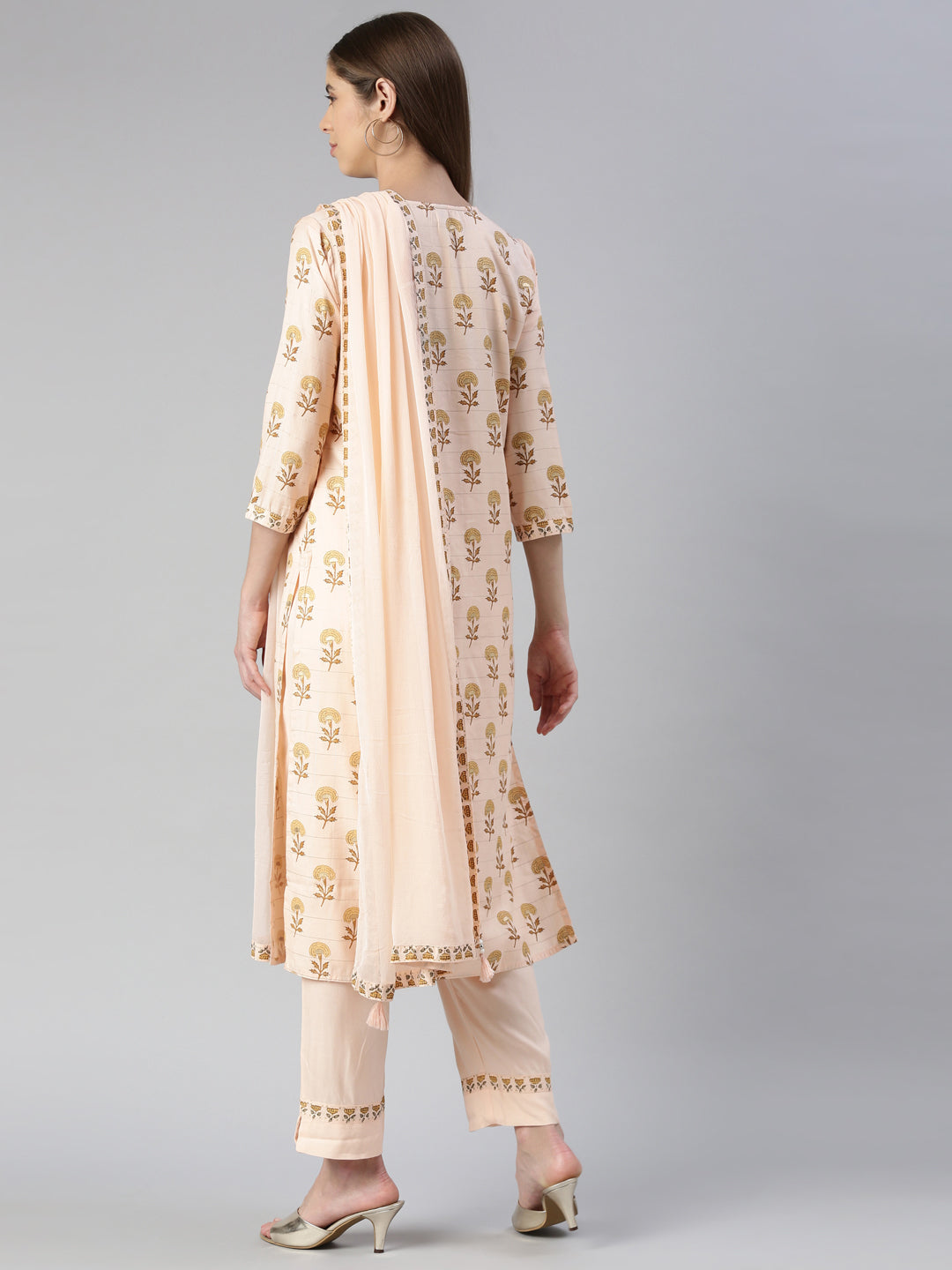 Neeru's Women Peach Printed Calf Length Kurta And Trousers With Dupatta