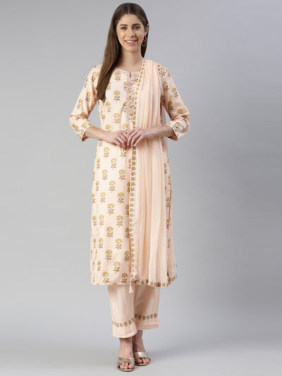 Neeru's Women Peach Printed Calf Length Kurta And Trousers With Dupatta