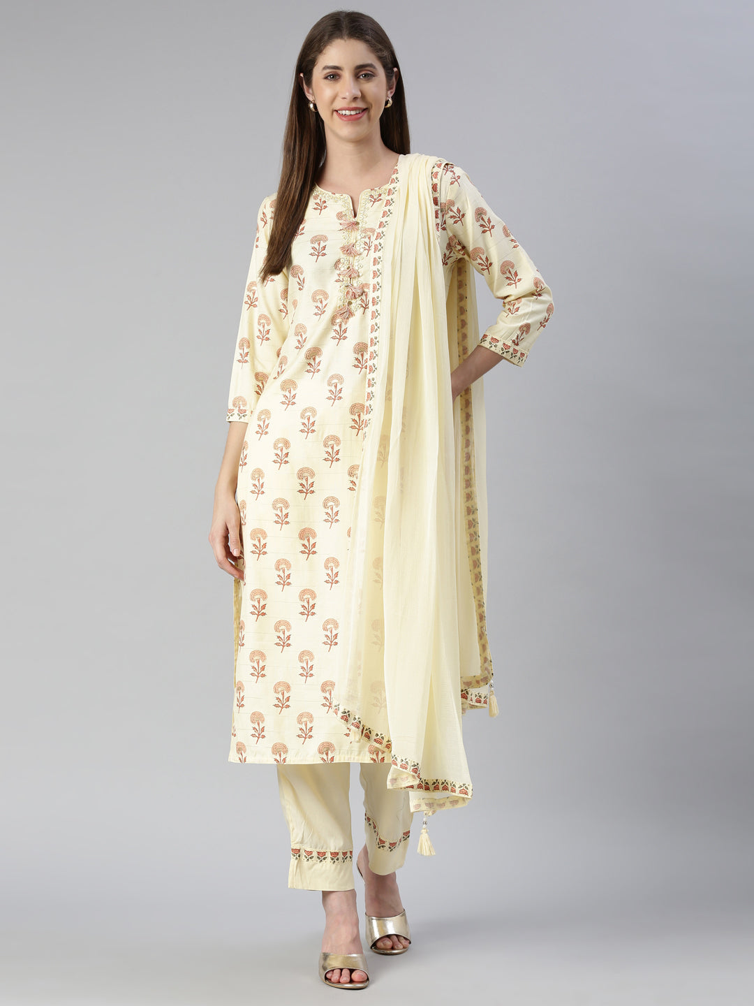 Neeru's Women Yellow Printed Calf Length Kurta And Trousers With Dupatta