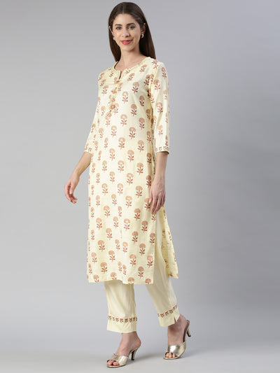 Neeru's Women Yellow Printed Calf Length Kurta And Trousers With Dupatta