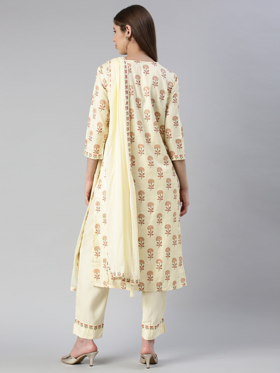 Neeru's Women Yellow Printed Calf Length Kurta And Trousers With Dupatta