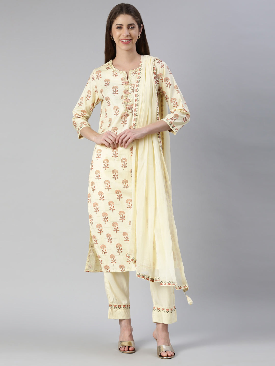 Neeru's Women Yellow Printed Calf Length Kurta And Trousers With Dupatta