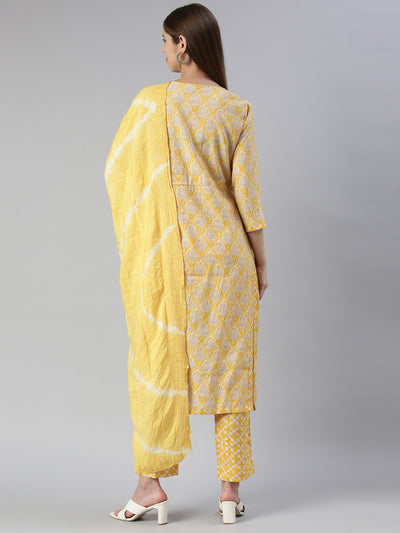 Neeru's Women Yellow Yoke Design Calf Length Kurta And Trousers With Dupatta