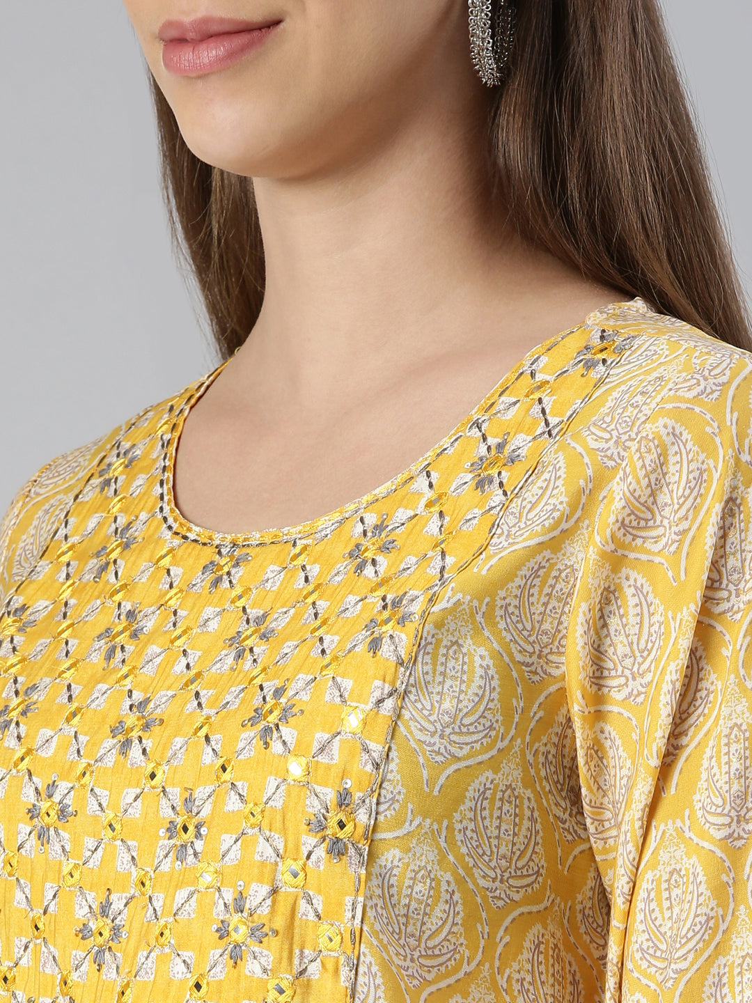 Neeru's Women Yellow Yoke Design Calf Length Kurta And Trousers With Dupatta