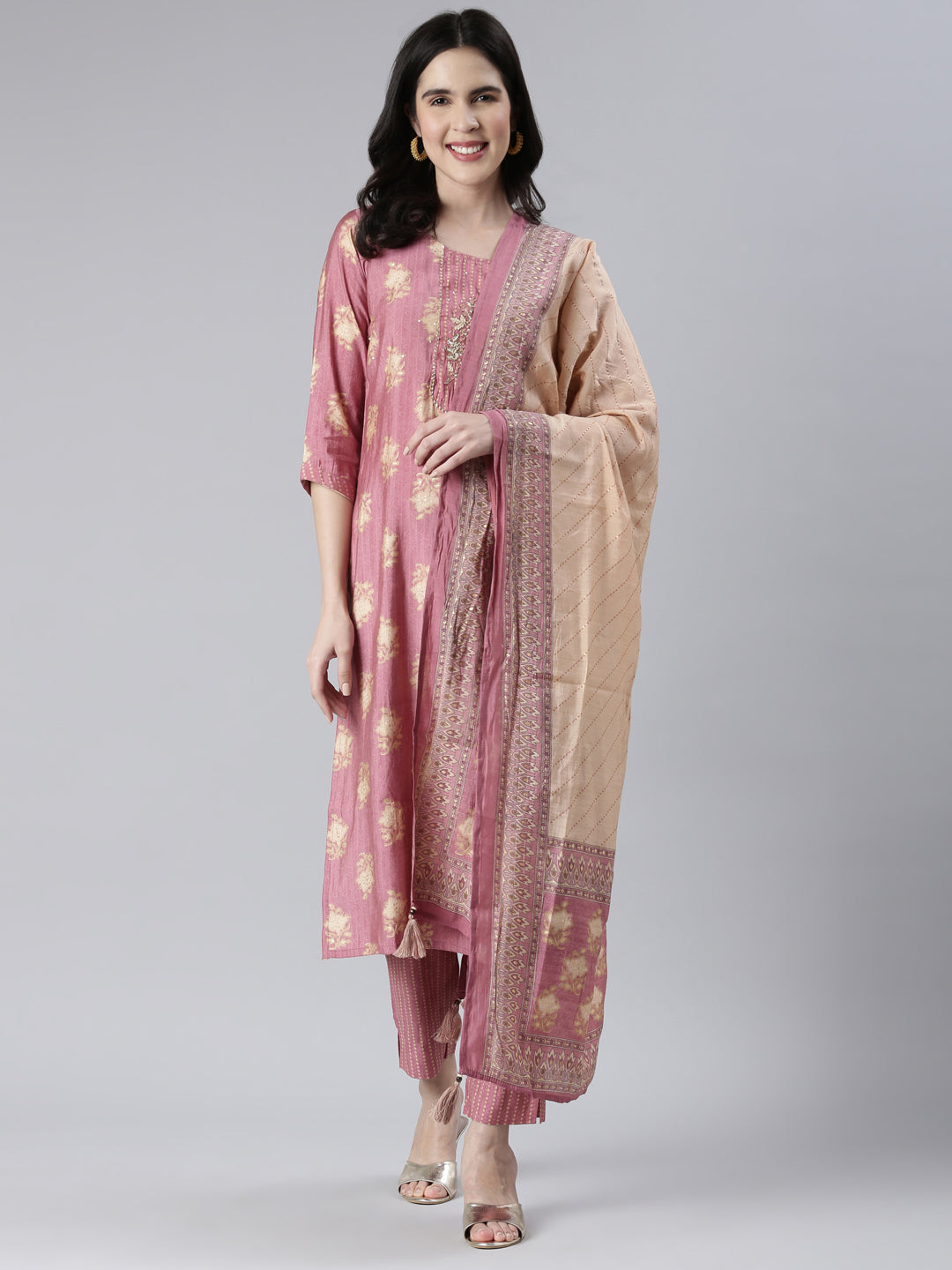 Neeru's Women Onion Solid Calf Length Kurta And Trousers With Dupatta