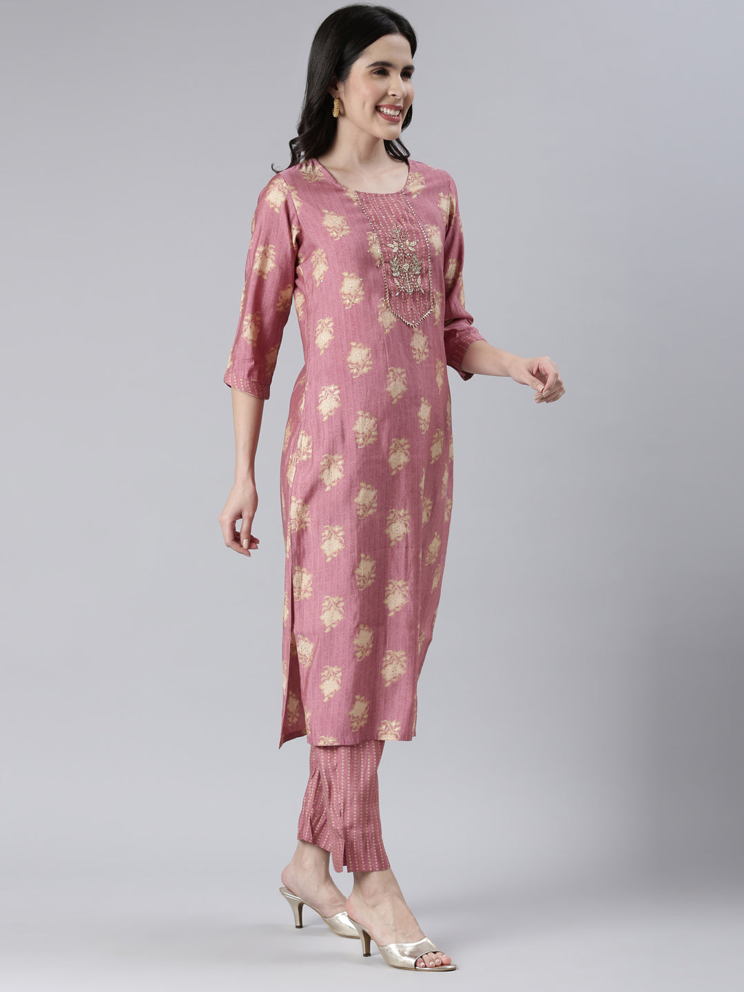 Neeru's Women Onion Solid Calf Length Kurta And Trousers With Dupatta