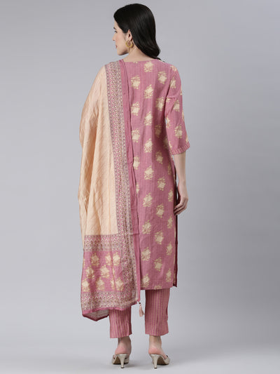 Neeru's Women Onion Solid Calf Length Kurta And Trousers With Dupatta